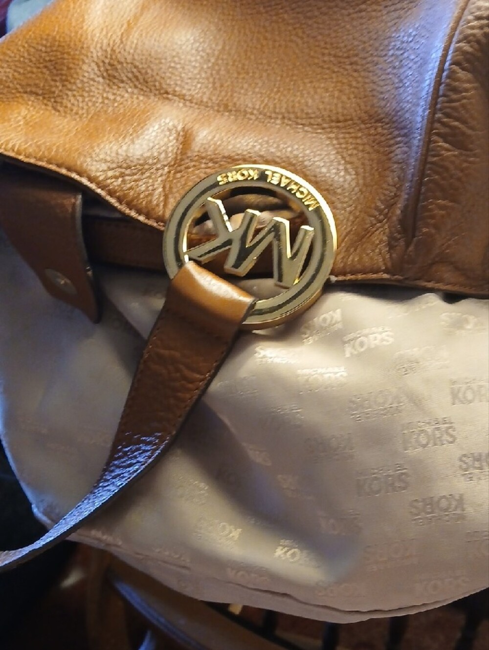 Michael Kors Cognac Leather Tote with Gold MK Charm - Picture 3 of 7